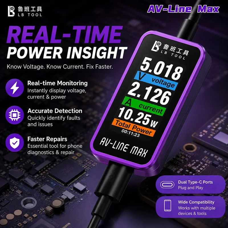 LB TOOL AV Line Max 100W Type C Digital Tester Cable TFT Real Time Current Voltage Power Monitor For phone Laptop Repair