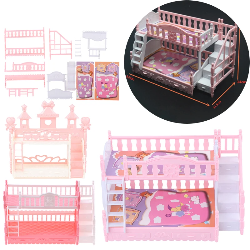 New！Dollhouse Miniature Simulation Bunk Bed European Style Double Layer Princess Bed Bedroom Scene DecorFurniture Model Toys