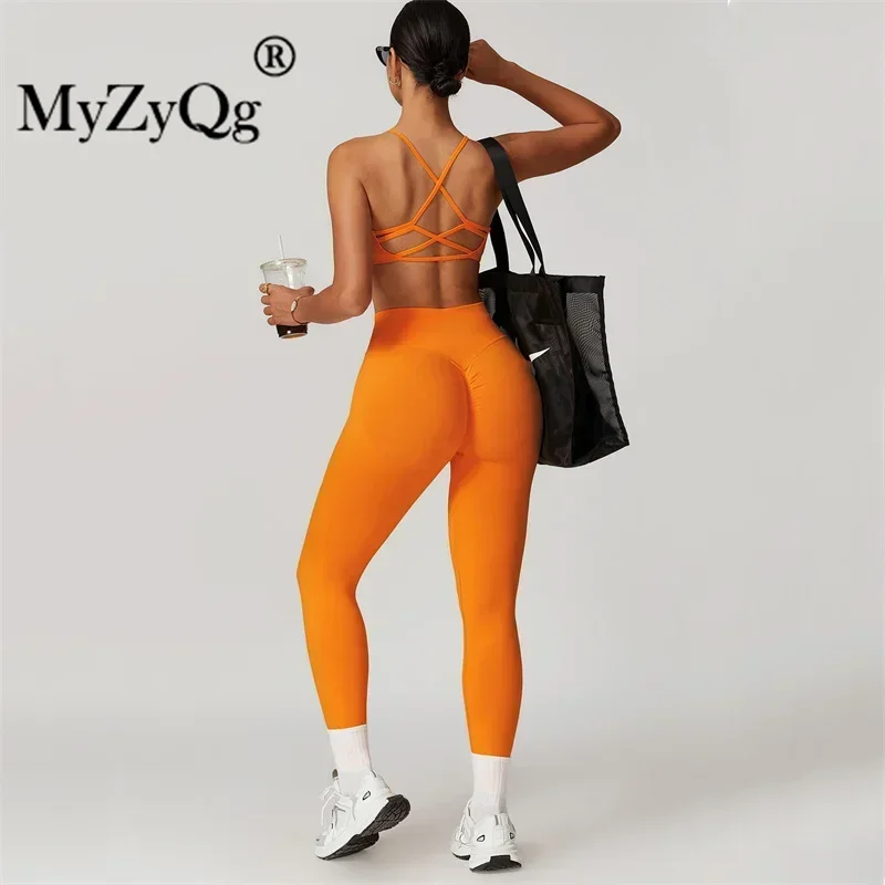 MyZyQg Women Seamless Crossover Back Yoga Bra Legging Set Summer Sports Quick Dry Top Fitnes Workout Suit 2 Piece Outfit