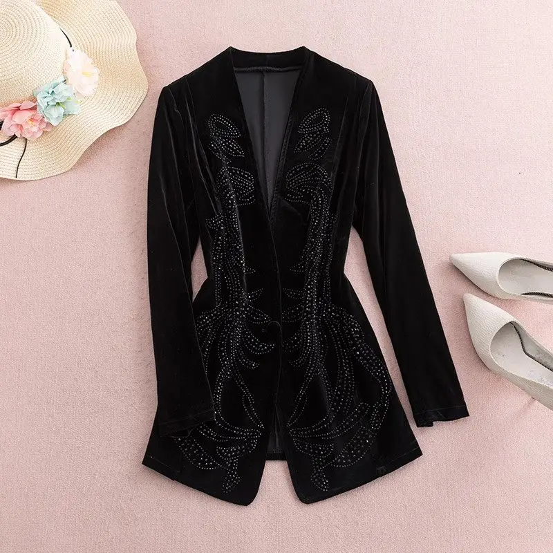 Large Size XL-6XL High Grade Golden Velvet Blazer Top Women\'s Coat Hot Pressing Diamond Fashionable Autumn Suit Jacket Z3416