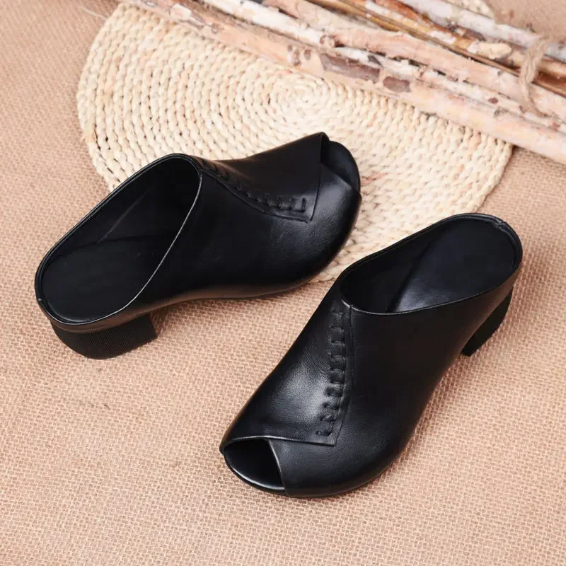 Thick-heeled Soft Leather Outer Slippers Fish Mouth Comfortable Versatile Mid-heeled Women Sandals Women\'s Mother\'s Shoes Women