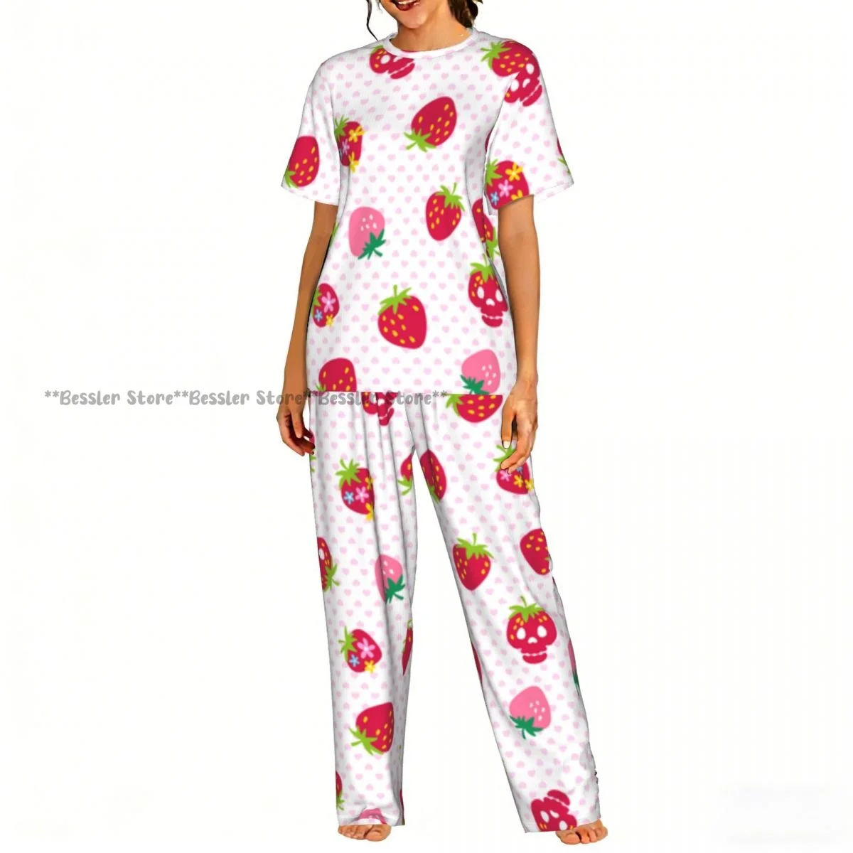 

Women Pajama Sets Lounge Sleepwear Strawberry Checkered Background Short Sleeve Nightwear