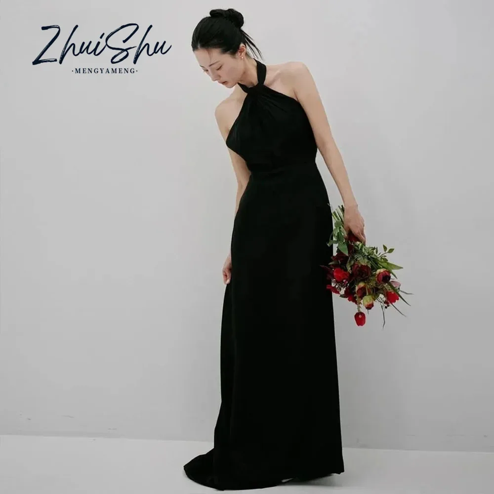 Sexy Halter Black Korea Evening Dresses Customized Elastic Satin Photos Shoot Dress Backless Wedding Reception Party Dress