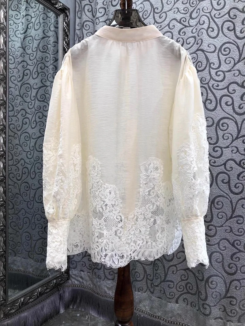 Top Quality Designer Blouses Shirt 2025 Spring Summer Style Women Sexy Tulle Lace Embroidery Patchwork Long Sleeve Apricot Shirt