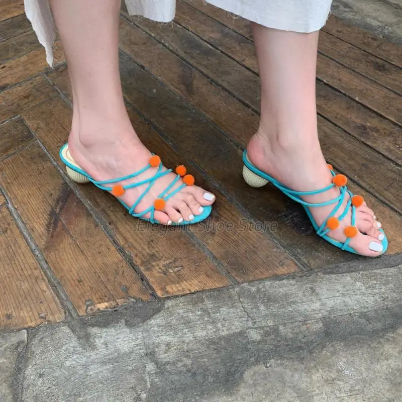 Plush Ball Cross Strap Women's Sandals Sexy Open Toe Round Heel High Heels Slippers Summer New Outdoor Party Beach Female Shoes