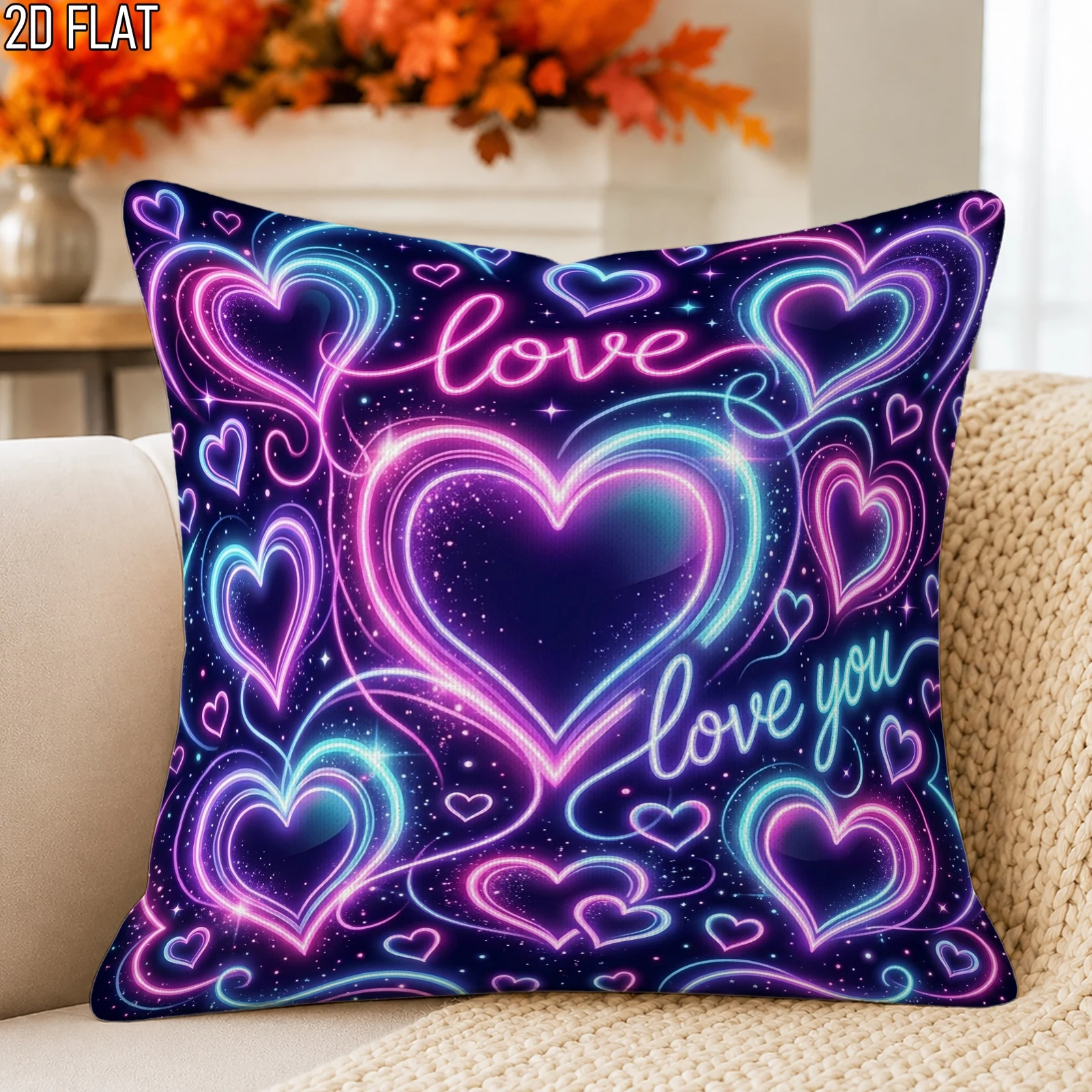 Neon Love Pillow Case, Glowing Heart Art Cushion Cover, Romantic Valentine Decor, Cyberpunk Style Textile, Gift for Girlfriend