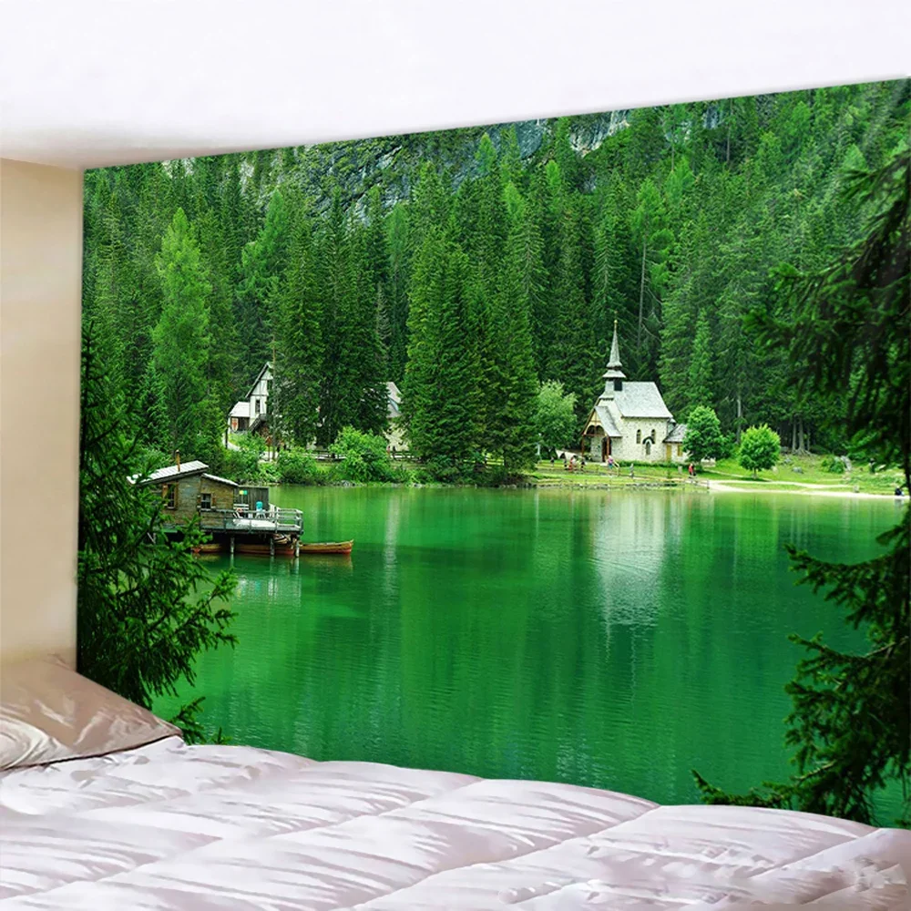 Quiet Forest Tapestry Green Tree Lake Boat Home Decoration Tapestry Natural Landscape Theme for Bedroom Living Room Decorations