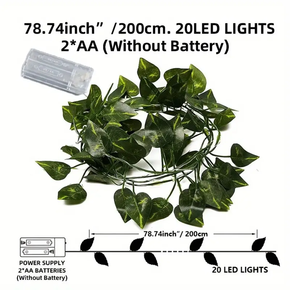 1pc 2M20 LED Green Leaf Lamp String Yard Light Battery Operated Perfect For New Year Outdoor Party Wedding Bedroom Decorations