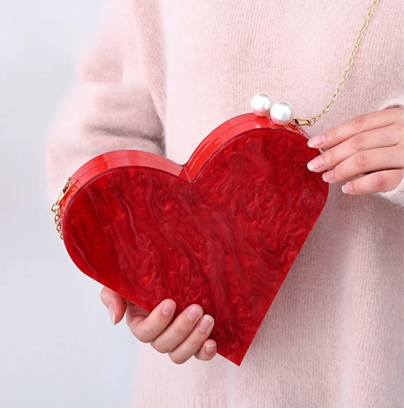 Women Shoulder Bags Hot Handbag Purses Unique Designer Acrylic Clutch Fashion Cute Red Heart Shape Pearl Chain Party Evening bag