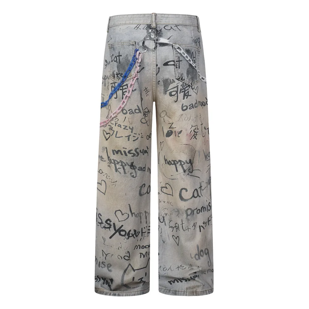 MWJLPWQ Street Style American Chain Digital Printed Jeans For Men Distressed Washed Hand-Painted Graffiti Straight Pants 21499