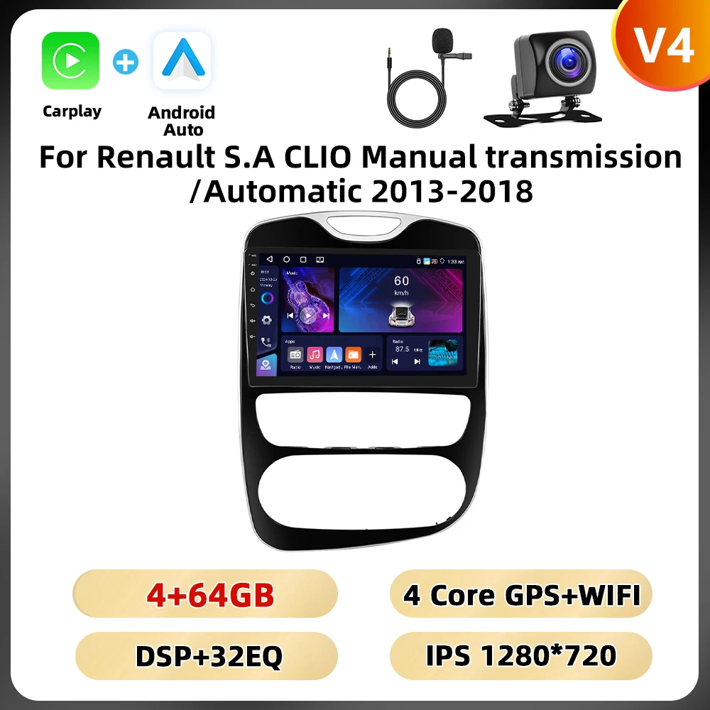 Podofo 10.1 ''2din Autoradio Voor Renault S.a Clio Handgeschakelde Versnellingsbak/Automatische 2013-2018 Carplay Android Auto Gps Wifi 4G Dsp