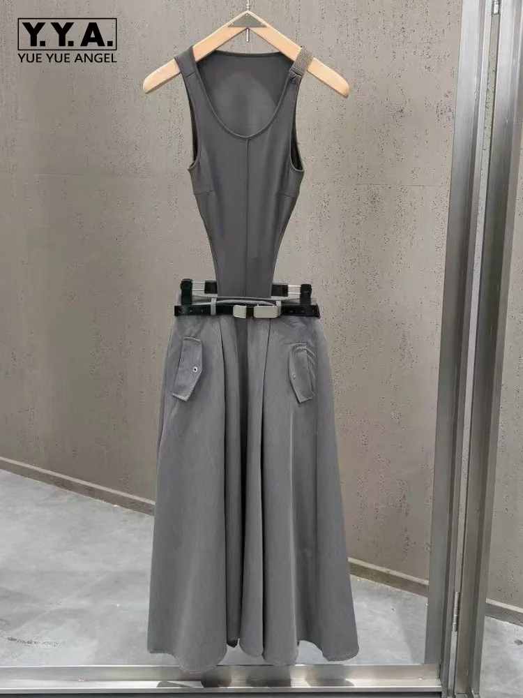 

New Summer Sexy Women Long Dress Sleeveless Hollow Out Patchwork Tank Dress Casual Streetwear Solid Color Female A Line Dresses