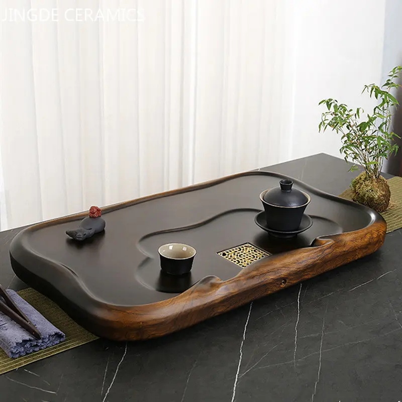 High Quality Ebony Log Tea Tray Large Size Drained Solid Wood Tea Table Decoration Chinese Living Room Tea Ceremony Tools