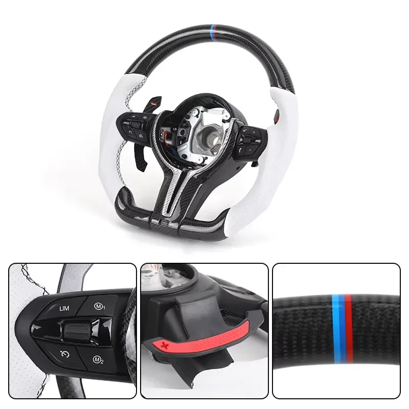 White Half Perforated Carbon Leather for M Sport Steering Wheel 3 Spokes F Series (F20/F40) Customizable Stitch Color 50mm