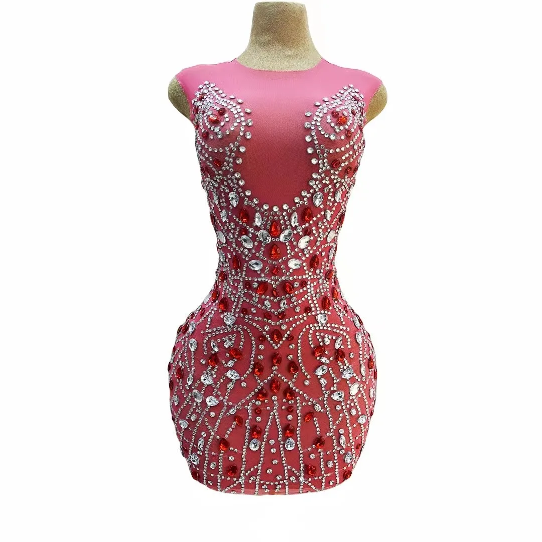 

Evening Celebrate Red Silver Crystals Sleeveless Dress Sexy Pink Mesh Outfit Dance Nightclub Costume Party Wear hongchen