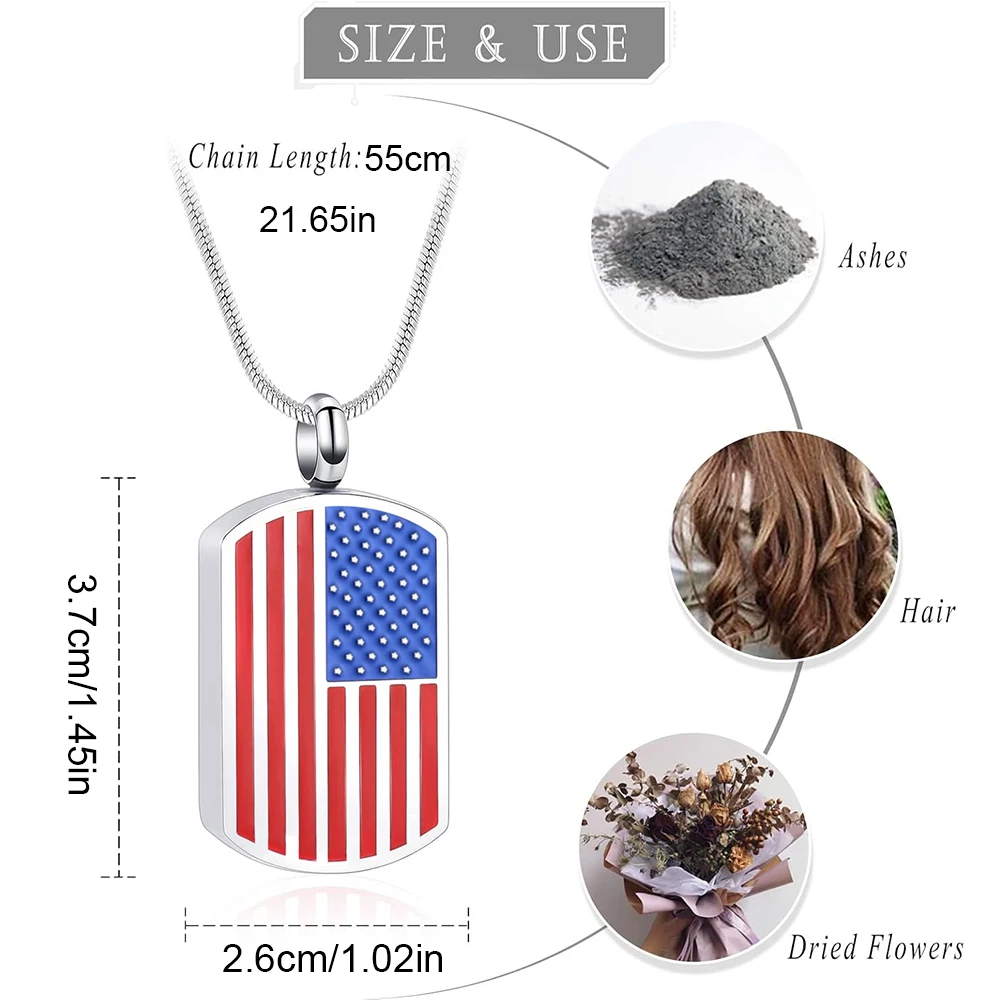 American Flag Cremation Jewelry for Ashes for Loved Ones Urn Necklace Memorial Keepsake Ashes Holder for Pets Dogs Cats