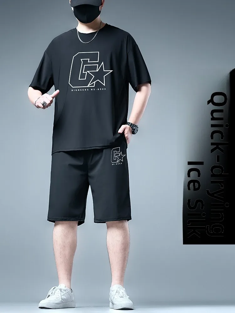 

Men's Summer Ice Silk Loose Fit ort Sve T-irt Qui Dry Breathable Elastic Sports Suit plus Size Five Pants