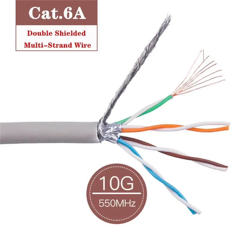 Gray Cat 6a Ethernet Cable Network Wire S/FTP Installation Double Shield Solid Copper 26AWG 7x0.16mm LSZH OD 6mm 30M 50M