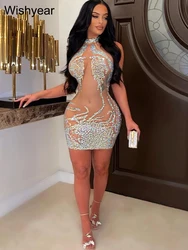 New Hot Rhinestone Mesh See Through Apricot Mini Dress Women Sleeveless Bodycon Evening Birthday Luxury Night Bar Black Vestidos