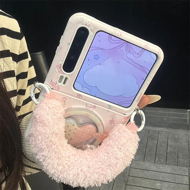 Cute Pink Floral Leather Magnetic Heart Stand Phone Case For Samsung Galaxy Z Flip7 6 5 / Mix Flip Cases With Plush Wrist Strap