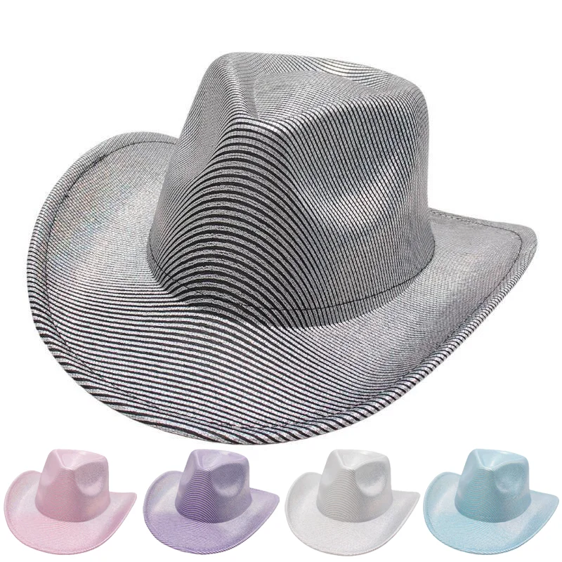 

Polyester Western Cowboy Hat with Laser Gloss Effect Shiny Moiré Stripe Felt Party & Performance Shiny Costume Hat for Men Women