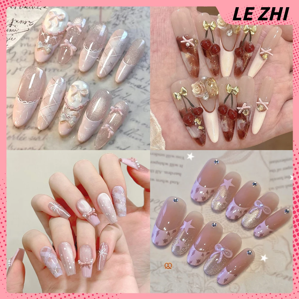 Gentle Sweet Lovely Handmade Long Coffin Ellipse French Full Cover Nail Flower Bowknot Star Cat Eyes Diamond Pearl Press On Nail
