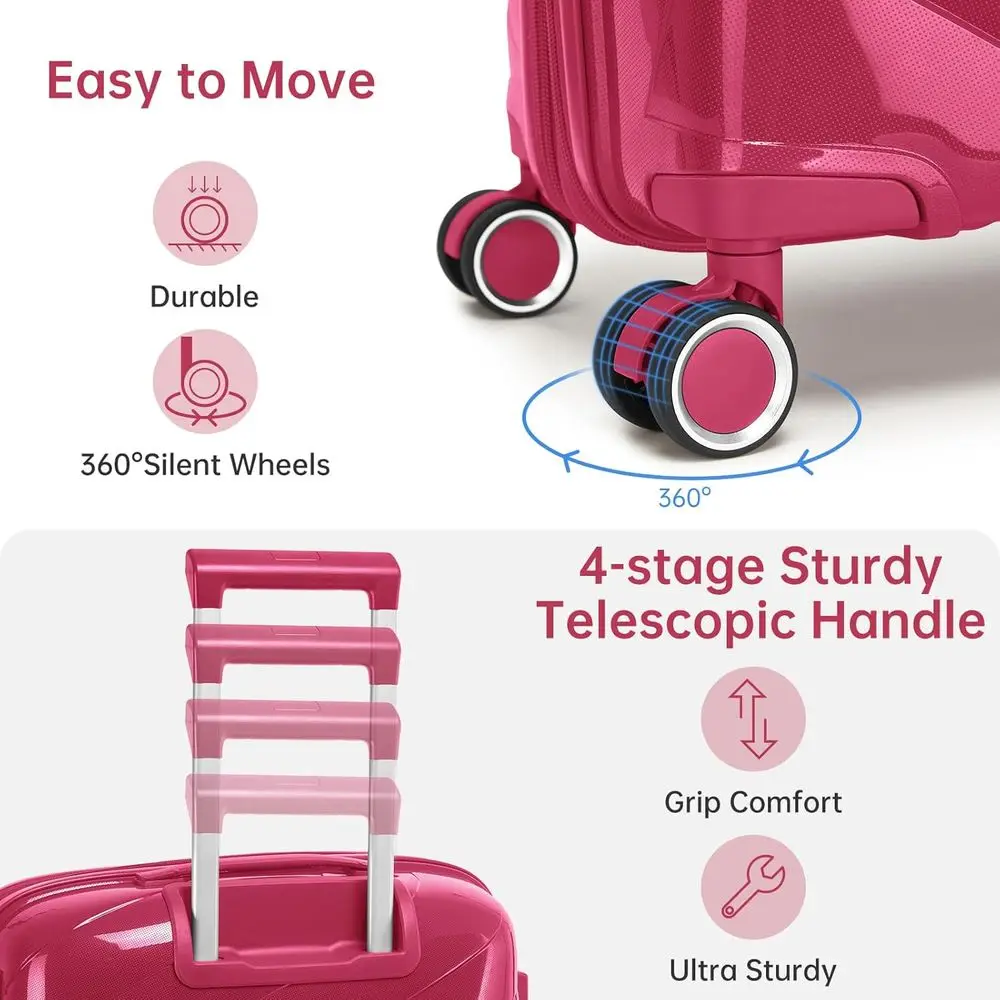 20 Inch Airline Approved Expandable Hardshell Carry-On Suitcase Set with Spinner Wheels for Women in Rose Red