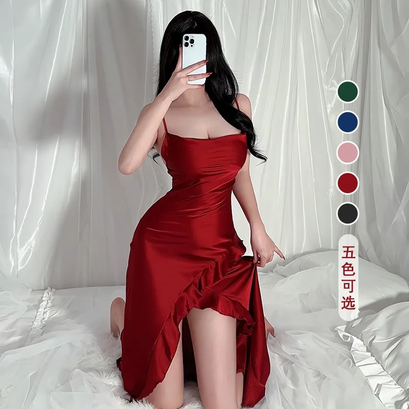 Charming Ruffle Hem Split Pajamas for Women Multi Color Internet Celebrity Style Sexy Suspender Nightgown Loungewear L Size