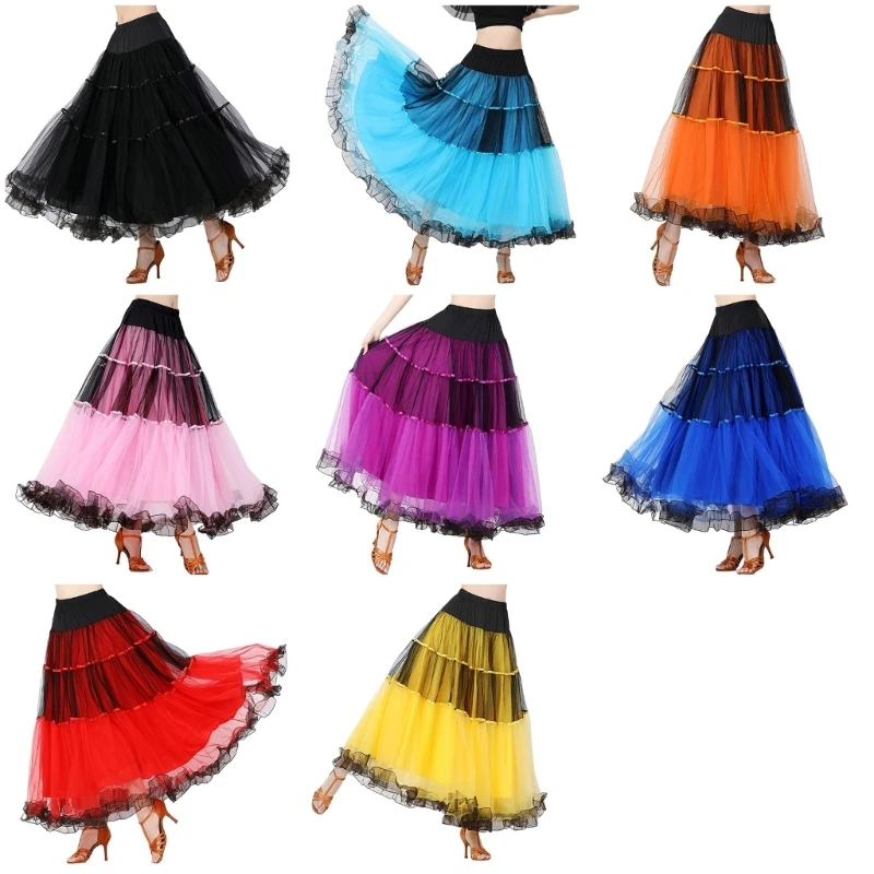 

Women Elastic Waist Pleated Flowy Long Skirt Tiered Ruffle Mesh Ballroom Skirt N7YE