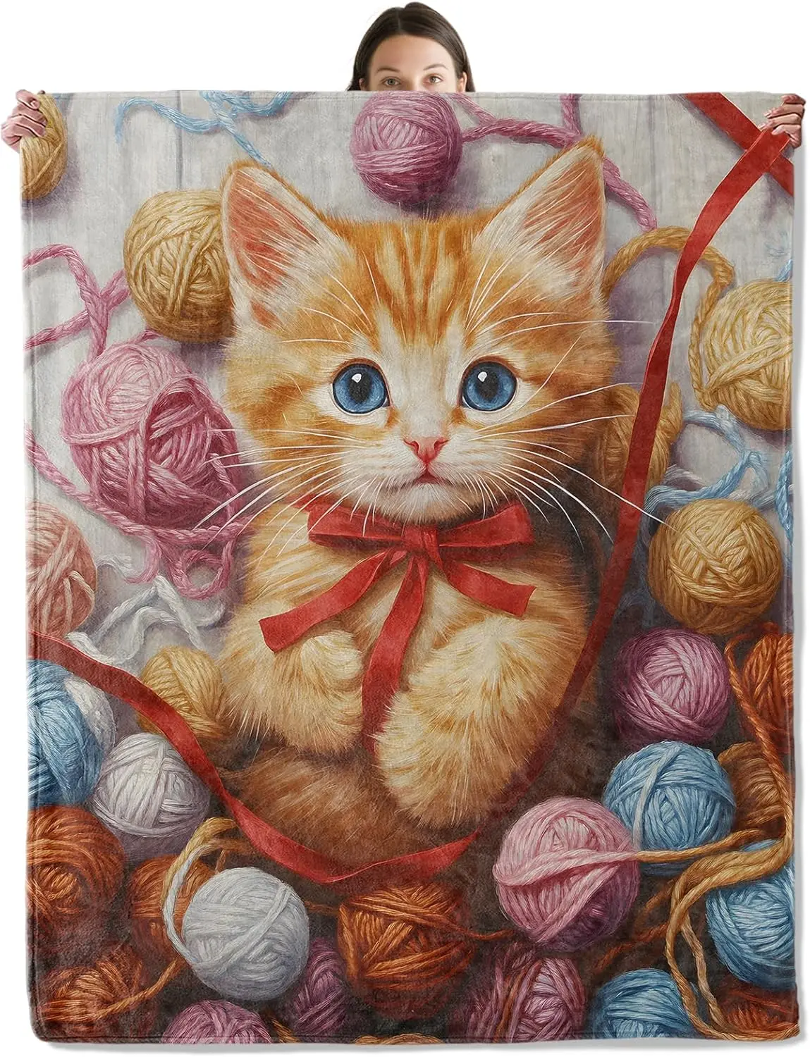 

Cute Cat with Yarn Ball Blanket, Cozy Flannel Sweet Orange Tabby Throw Blanket for Couch Outdoor, Plush Soft Lightweight Travel