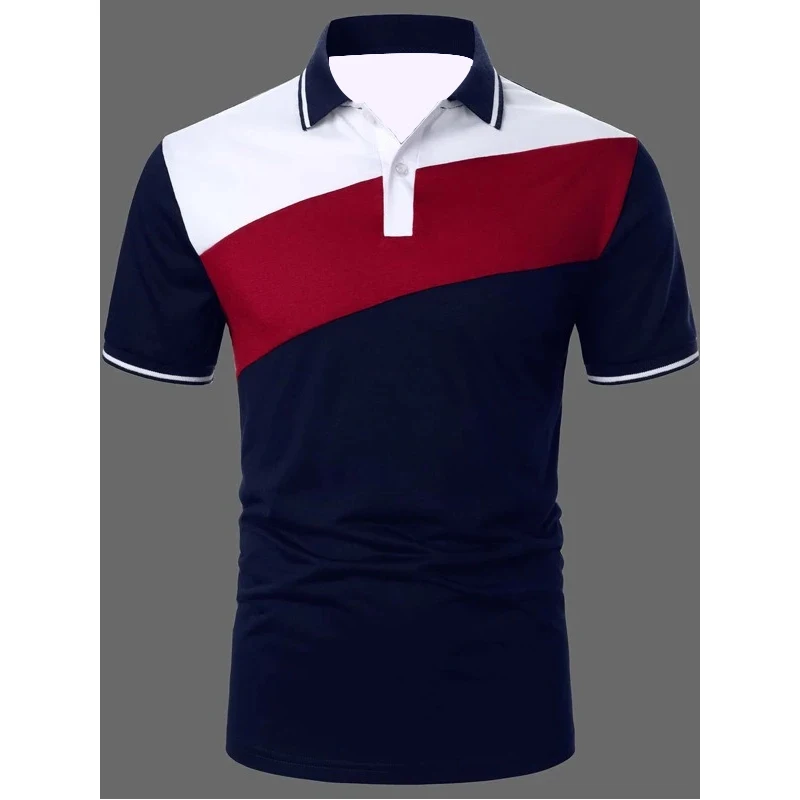 2023 Summer New Spell Color Simple Style Casual Polo Shirt , Men Sport Short Sleeve Business Lapel Polo Shirt .