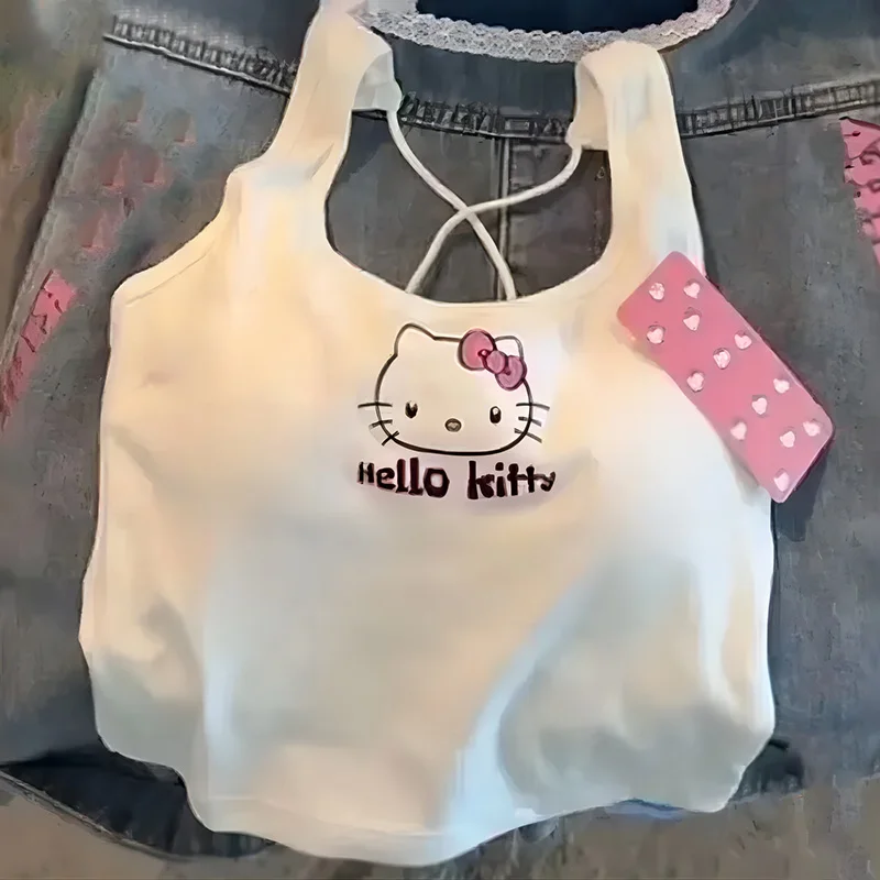 Sanrio Anime Hello Kitty Vest Y 2K Top Origineel Veelzijdig Katoen Comfortabel Zacht Slim Fit Kort Bovenkleding Schattig Meisje Cadeau Speelgoed