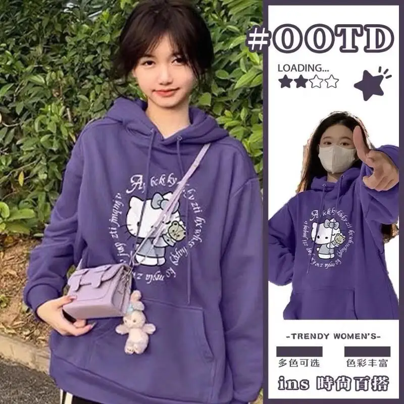 

Новая теплая толстовка Hello Kitty фиолетового цвета с капюшоном, на флисовой подкладке, с принтом, унисекс, осенне-зимняя, свободного кроя, утолщенная, комфортная