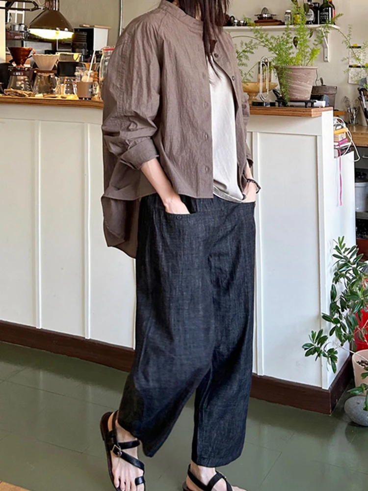 Casual Loose Elastic Waist Thin Cotton Jeans Women's Spring Summer Slimming K86 Simple Style Loose Fit Breathable Comfortable
