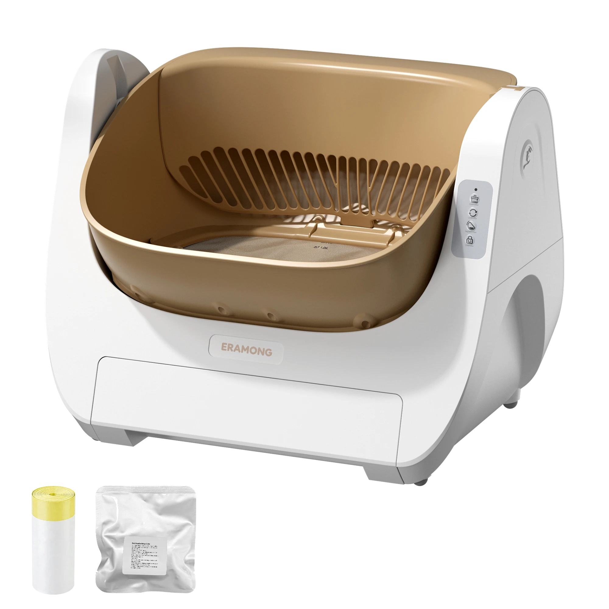 Smart Self-Cleaning Cat Litter Box with Voice Prompt Buttons, Automatic Cleaning Function, 360° Anti-Pinch Safety Protection And High-Efficiency Deodorization. Comes with a Large Waste Bin; Open-Top Design Fits Cats Weighing 4 to 22 Pounds