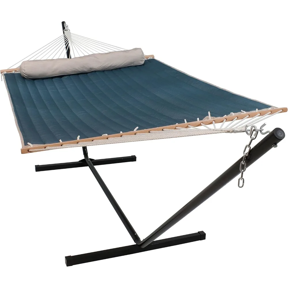 Double Quilted Fabric Hammock with Stand and Pillow - 350 Pound Capacity - Black Stand - Tidal Wave spreader bars