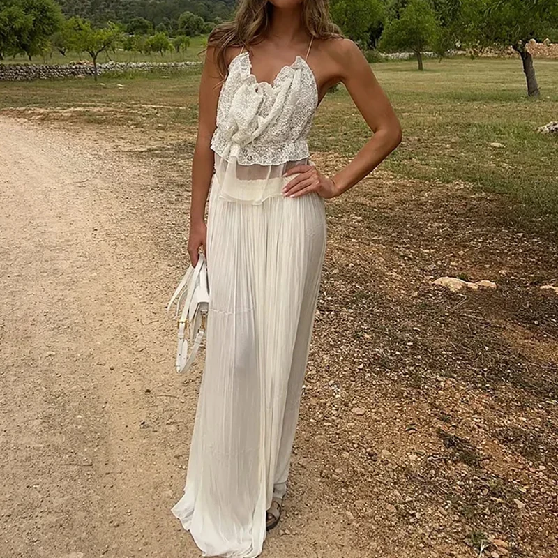 

Casual Lady High Waist Skirts Set Sexy Lace Backless Halter Vest&Chiffon Skirt Set Summer New Solid Color Beach Vacation Outfits