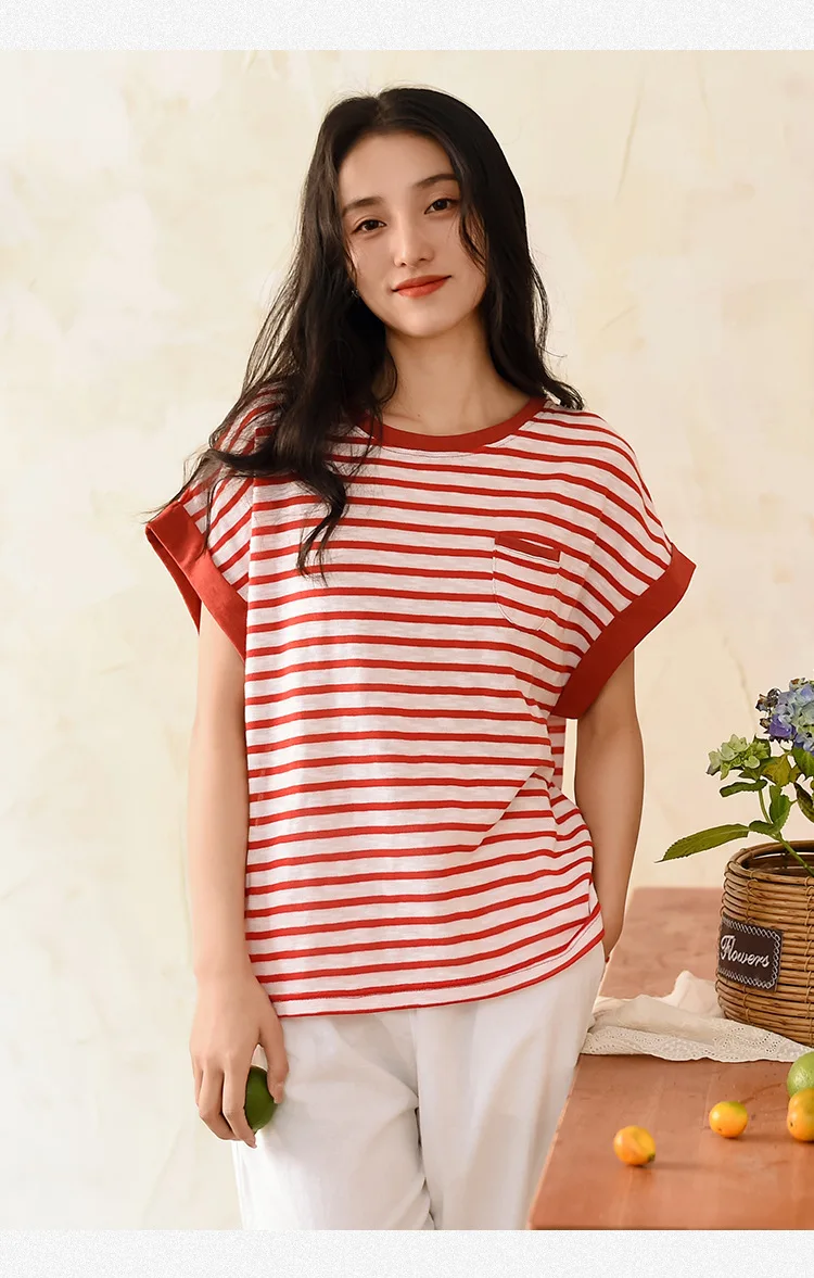 Women's Summer Striped Short Sleeve t-shirt Women's Light Round Neck Loose Feeling Ladies Knit Tops Loose and Comfortable