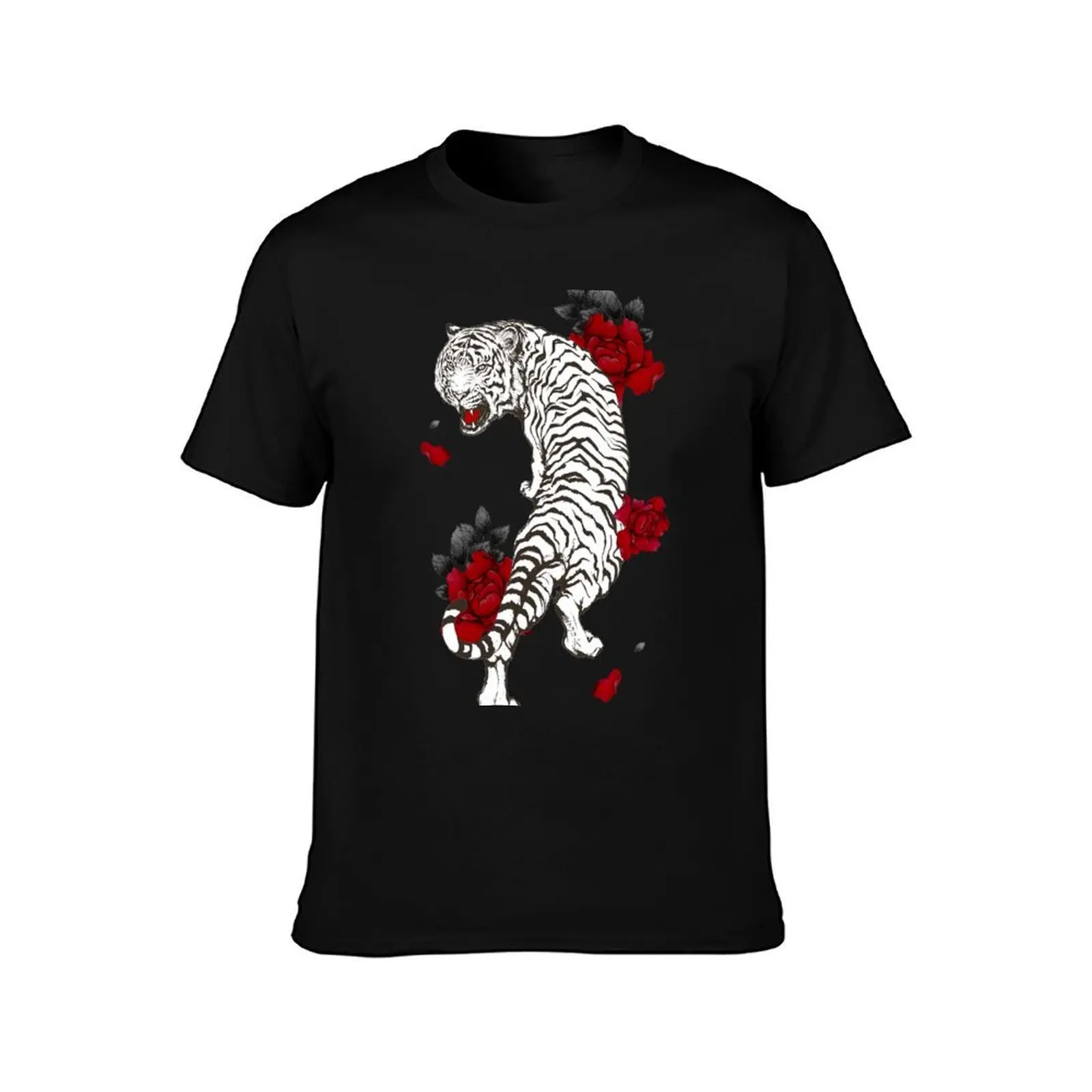 Tiger roar with red peonies T-Shirt, Summer Casual Cotton Tee, Oversized Streetwear Tops, Vintage Graphic Print, 100% Cotton