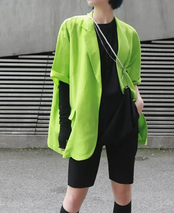 yuerwang Women short Sleeve oversized Blazer Ladies green summer Blazer Coat Fashion Short Women's Slim Suit Jacket 2023 Spring