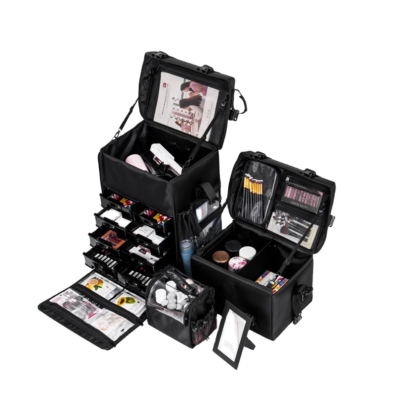 Professional 2 in 1 Trolley  Beauty Hair Salon Luggage Nylon Rolling Cosmetic Bag Travel Makeup Train Case