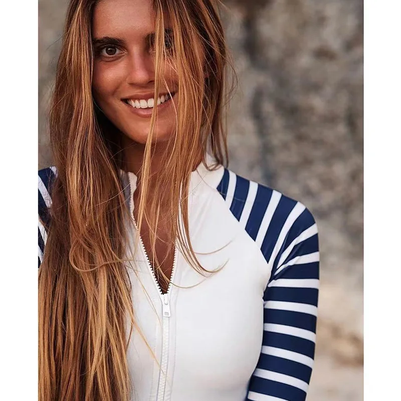 2026 New Women Long Sleeve One Piece Rash Guard Swimsuit Front Zipper Navy White Striped Surf Bathing Suit UPF50+ Beach Swimwear