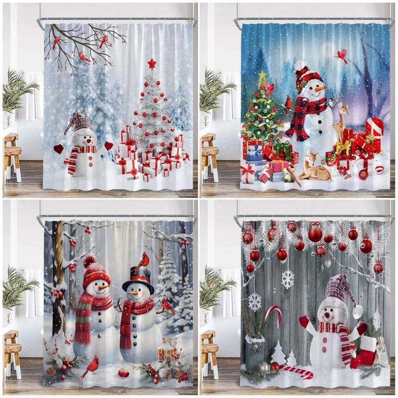 Snowman น่ารักผ้าม่านอาบน้ําคริสต์มาส Xmas Tree ของขวัญฤดูหนาวป่า Red Bird Cedar Snowflake ทิวทัศน์บ้านผ้าม่านห้องน้ํา D % 4¥ p