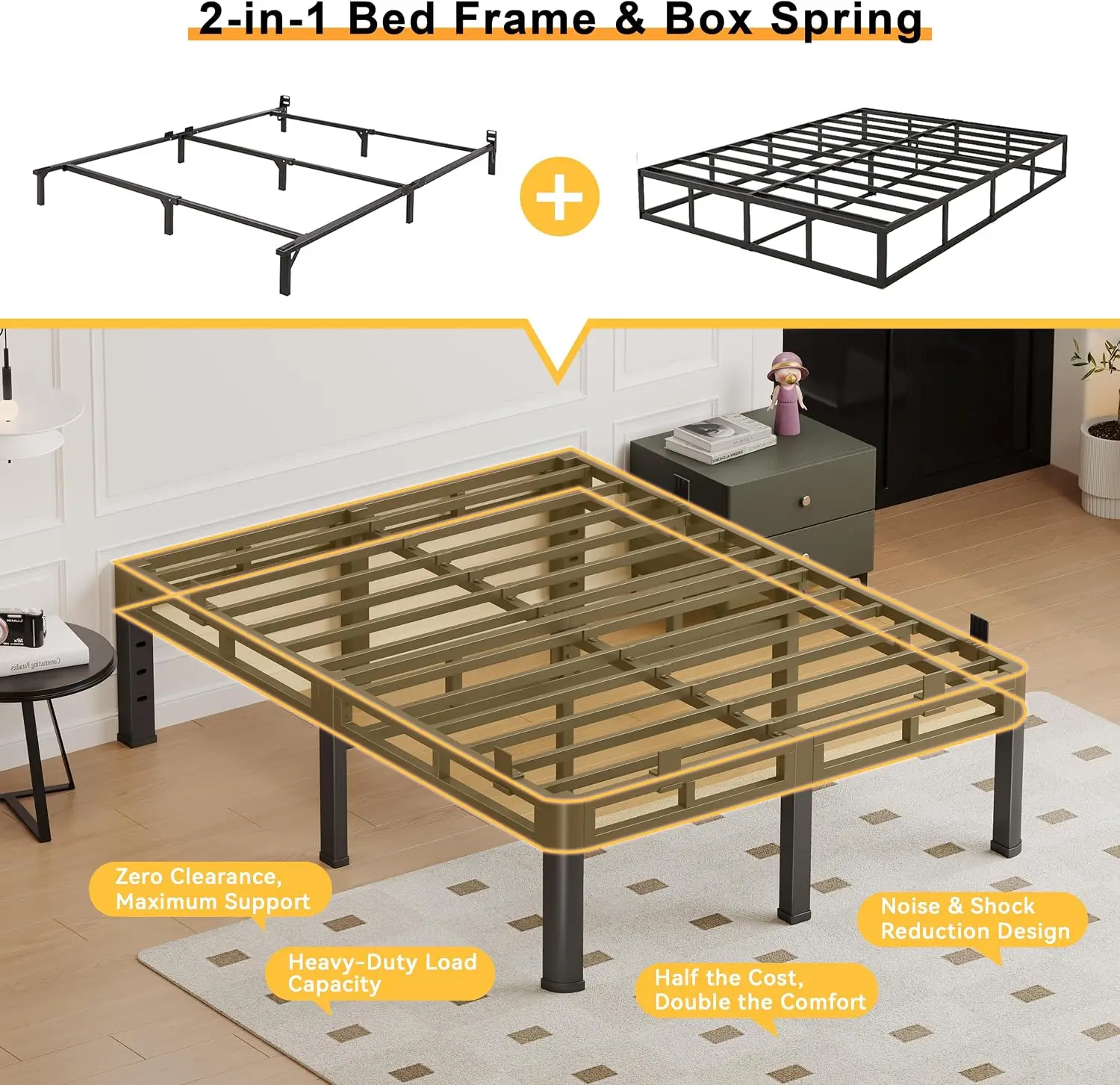 King Size 14 Inch 2-in-1 Double Layer Heavy Duty Metal Platform Bed Frame, Holds Up to 4000 Lbs, Noise Free Base with Round Corner Legs, 6 Anti-Slip Mattress Stoppers, Reserved Headboard Holes, 10 Inc image 6
