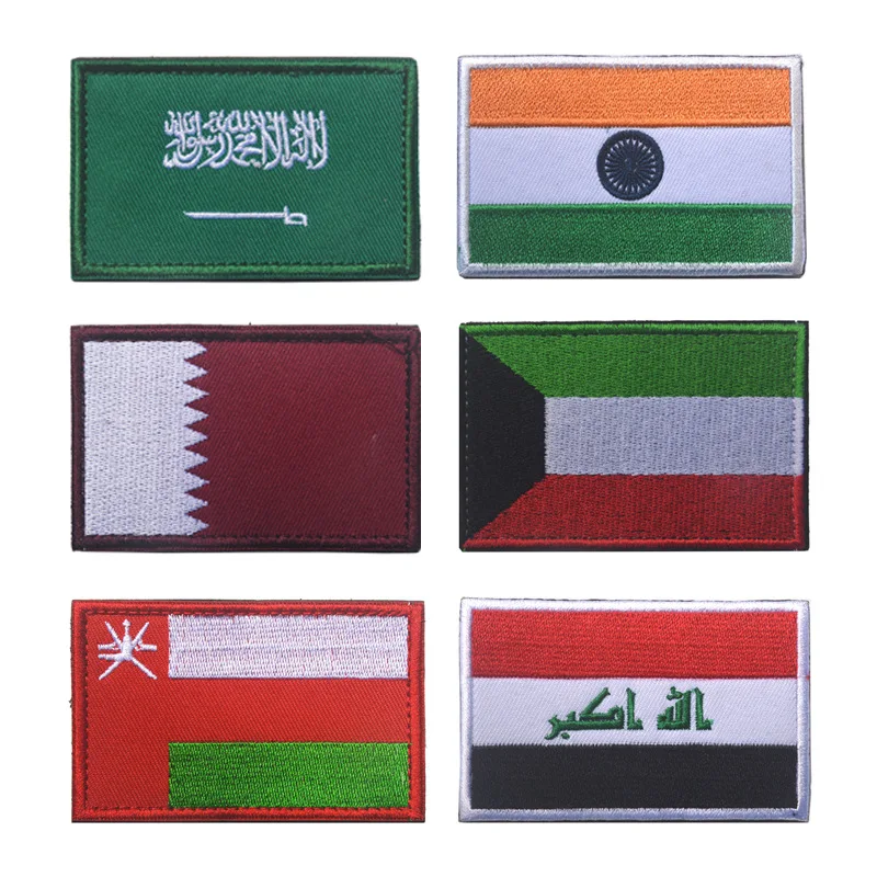 Embroidered Flag Patch India Oman Qatar Iraq Saudi Arabia Hook Loop Armband Tactical Backpack Badge Patches for Clothing