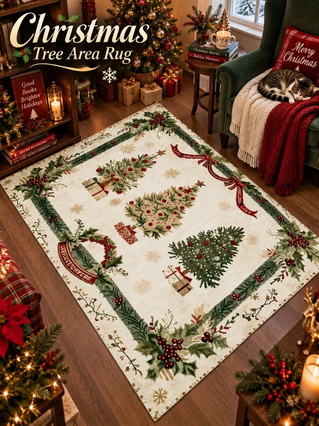Christmas Rug Trees Presents Holly Border Floor Decor Carpet Living Room Bedroom Dining Area Entryway Apartment Cabin Winter Home Styling Beside Sofa Armchair Housewarming Birthday Gift for Parents Grandparents Friends Sisters Holiday Celebrations