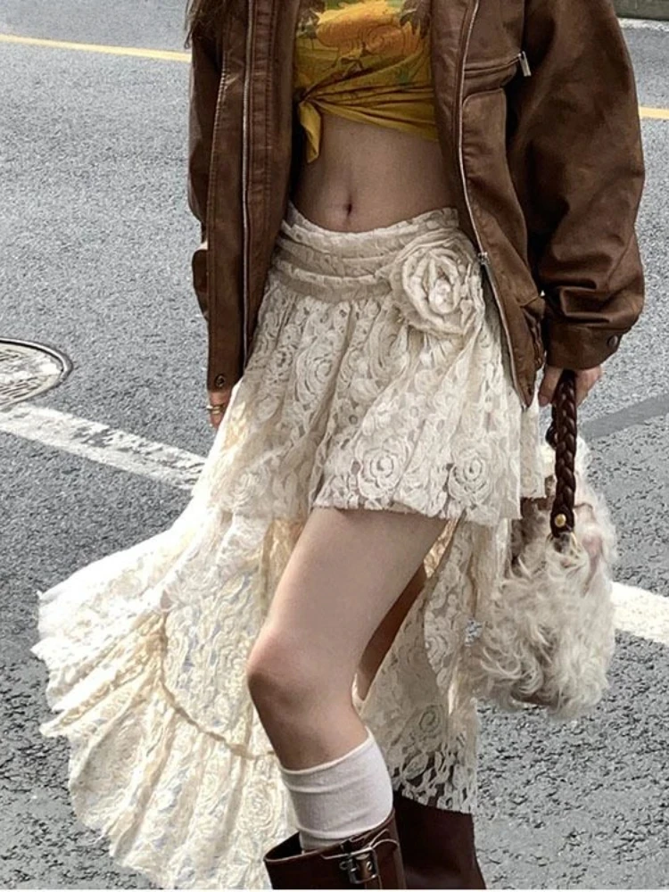 QWEEK Bohemian Beach Casual Lace Irregular Skirts Y2k Aesthetic Design Casual Ruffled Fairy Sexy Harajuku Skirts 2024 Spring Sun