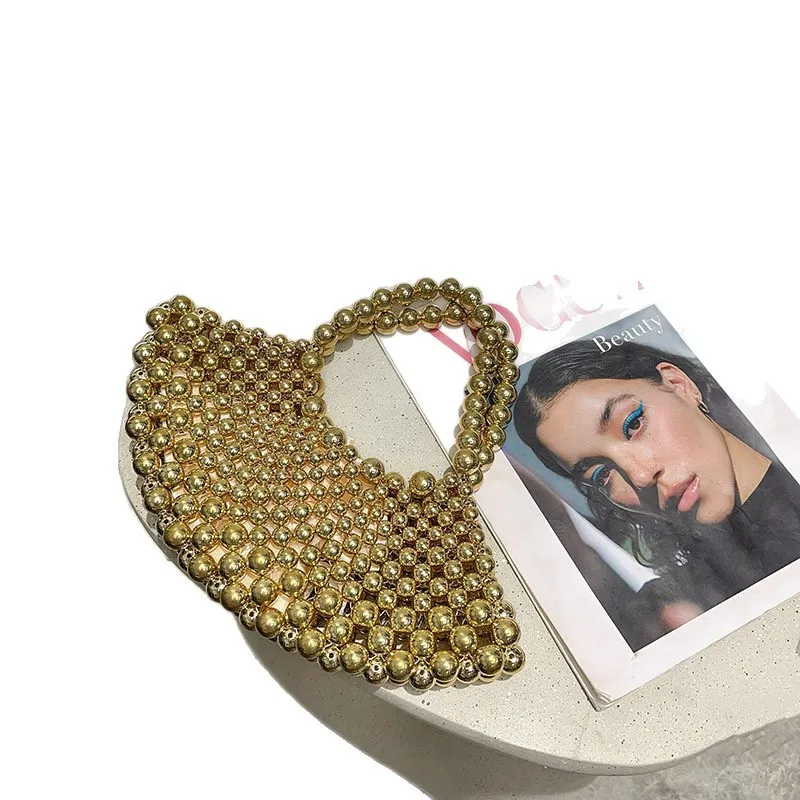 Gold Beads Beaded Woven Handmade Fan Bag Fashion Glitter Shiny Beads Beading Hollow Out Women Handbag Luxury Clutch Purse
