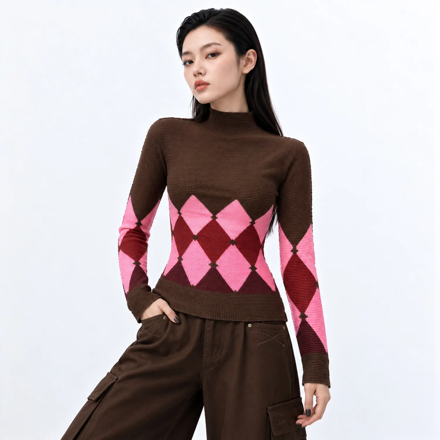 Fold Miyake Pleated Argyle Sweater Women Mock Neck Long Sleeve Brown Pink 2026 Fall Winter Preppy Retro Cozy Chic Knitwear Top view 3
