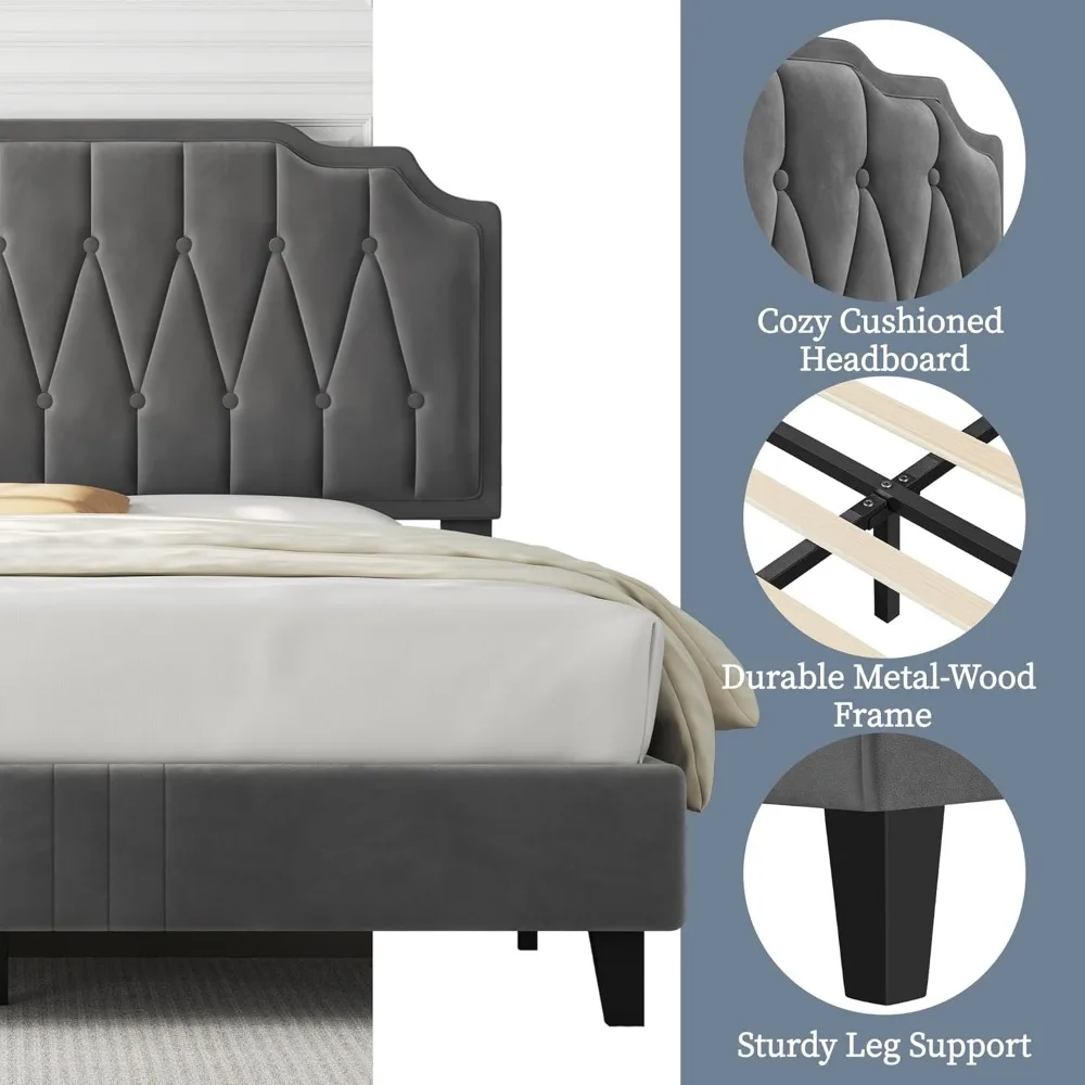 Lit plateforme à coussin en velours avec tête de lit incurvée, tête de lit réglable en hauteur/silencieux/Support de nouilles plates en bois